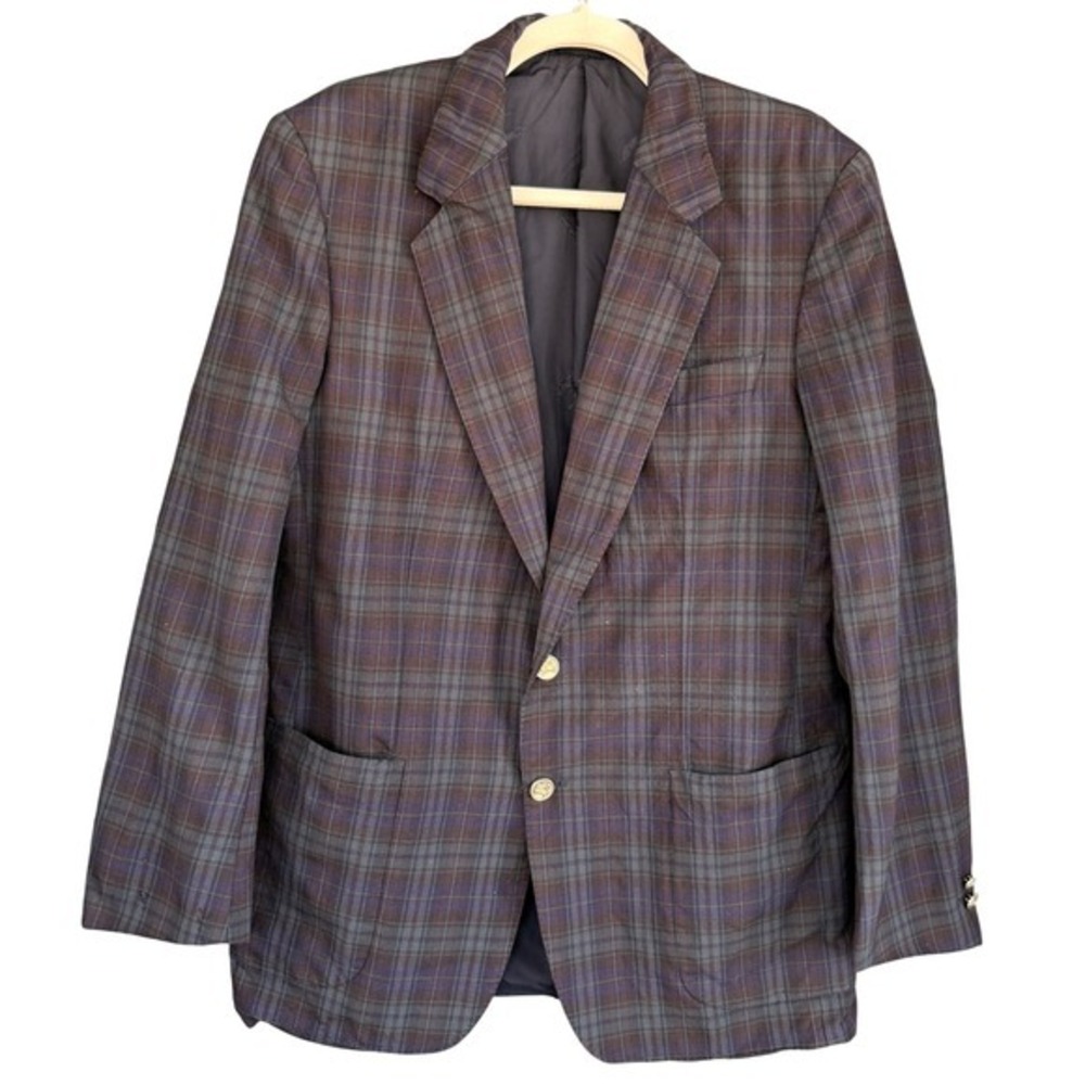 90s Vintage Burberrys Plaid Blazer‎ Pure Wool Sport Coat Men's Blue green